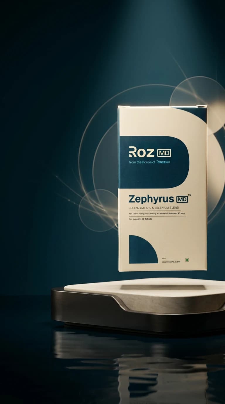 A ZephyrusMD carton above a stone pedestal, lit warm against deep teal